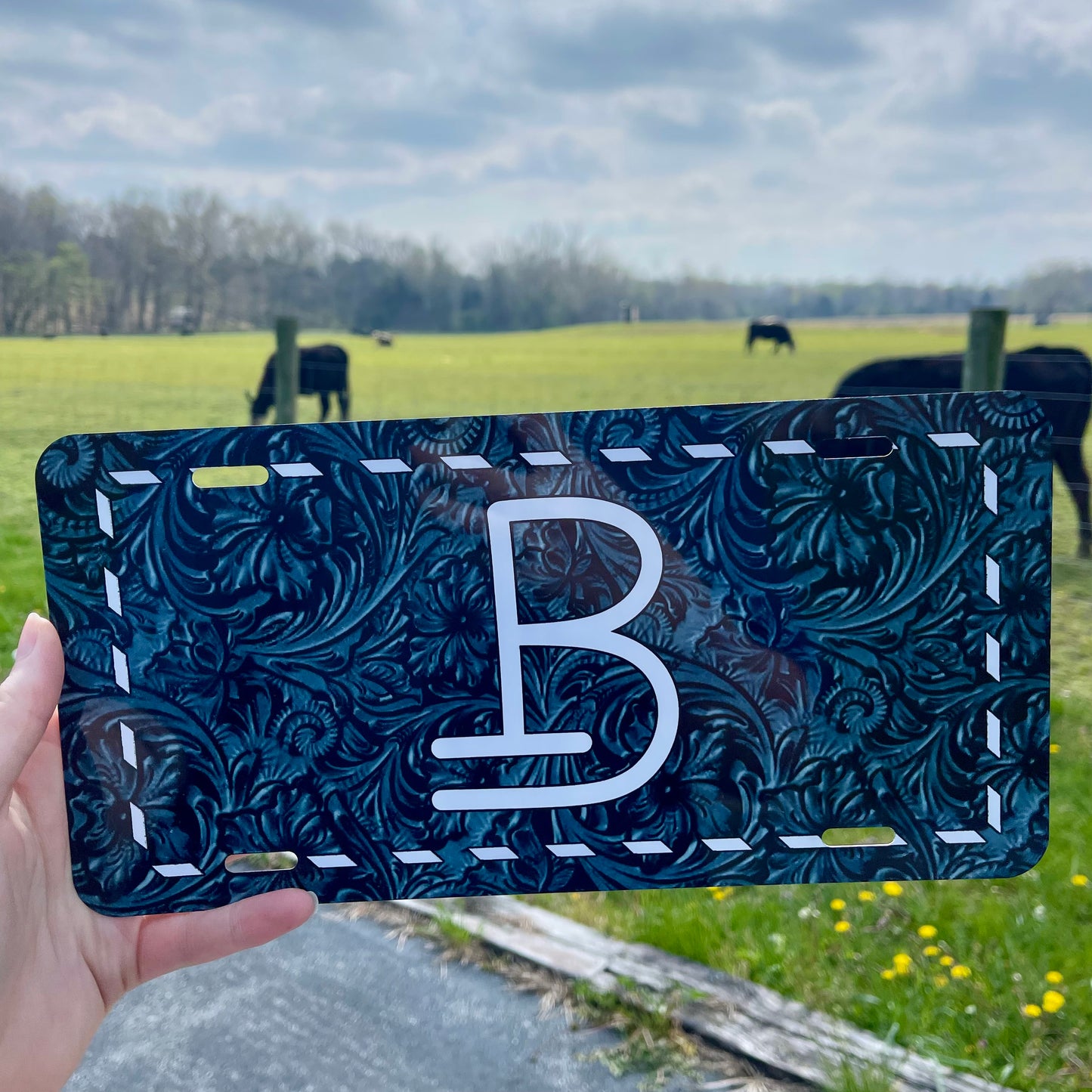 Custom License Plate | Tooled Leather & Buckstitch Printed Design