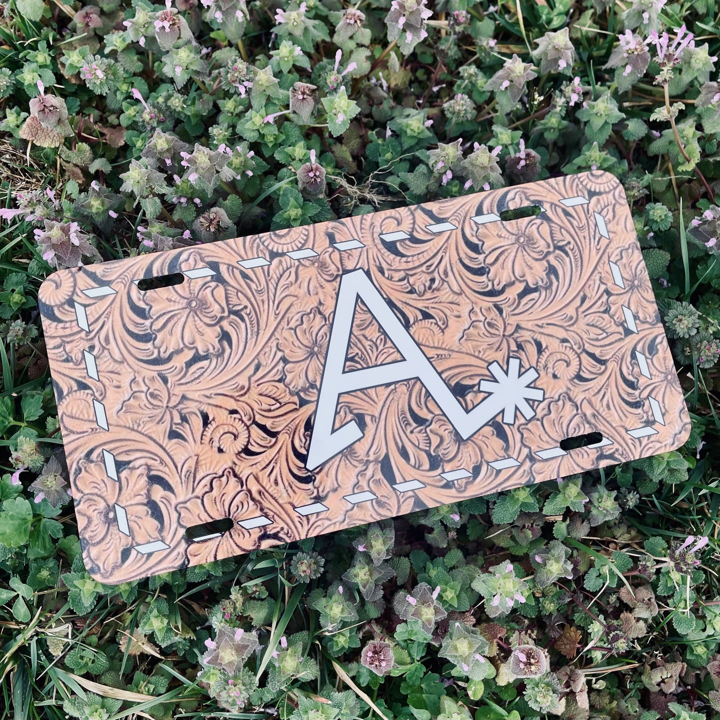 Custom License Plate | Tooled Leather & Buckstitch Printed Design