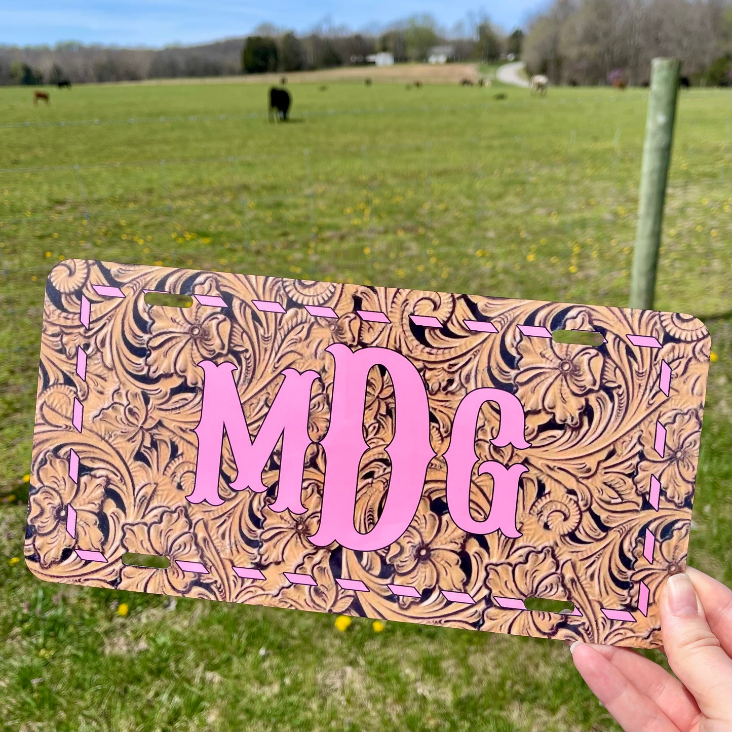 Custom License Plate | Tooled Leather & Buckstitch Printed Design
