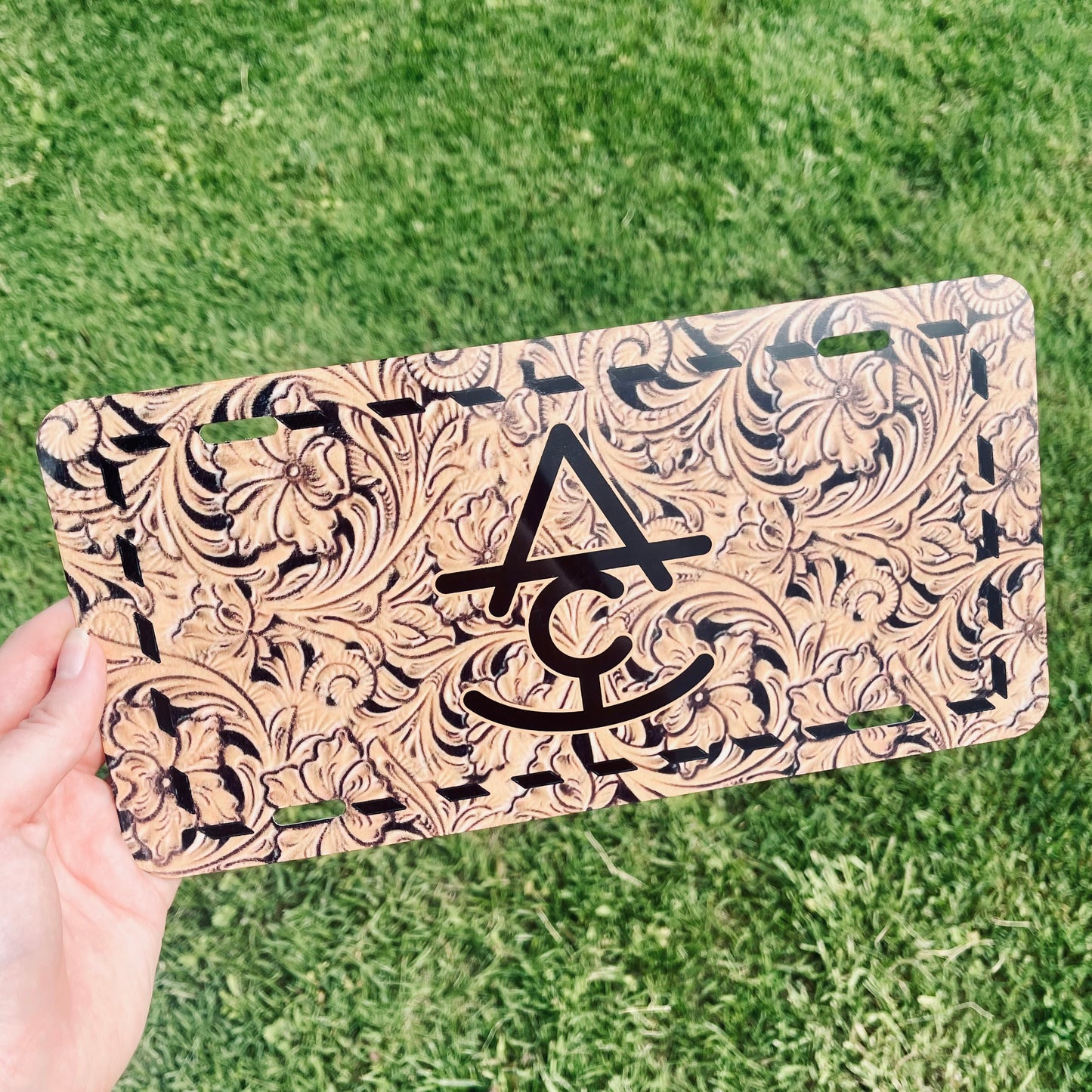 Custom License Plate | Tooled Leather & Buckstitch Printed Design