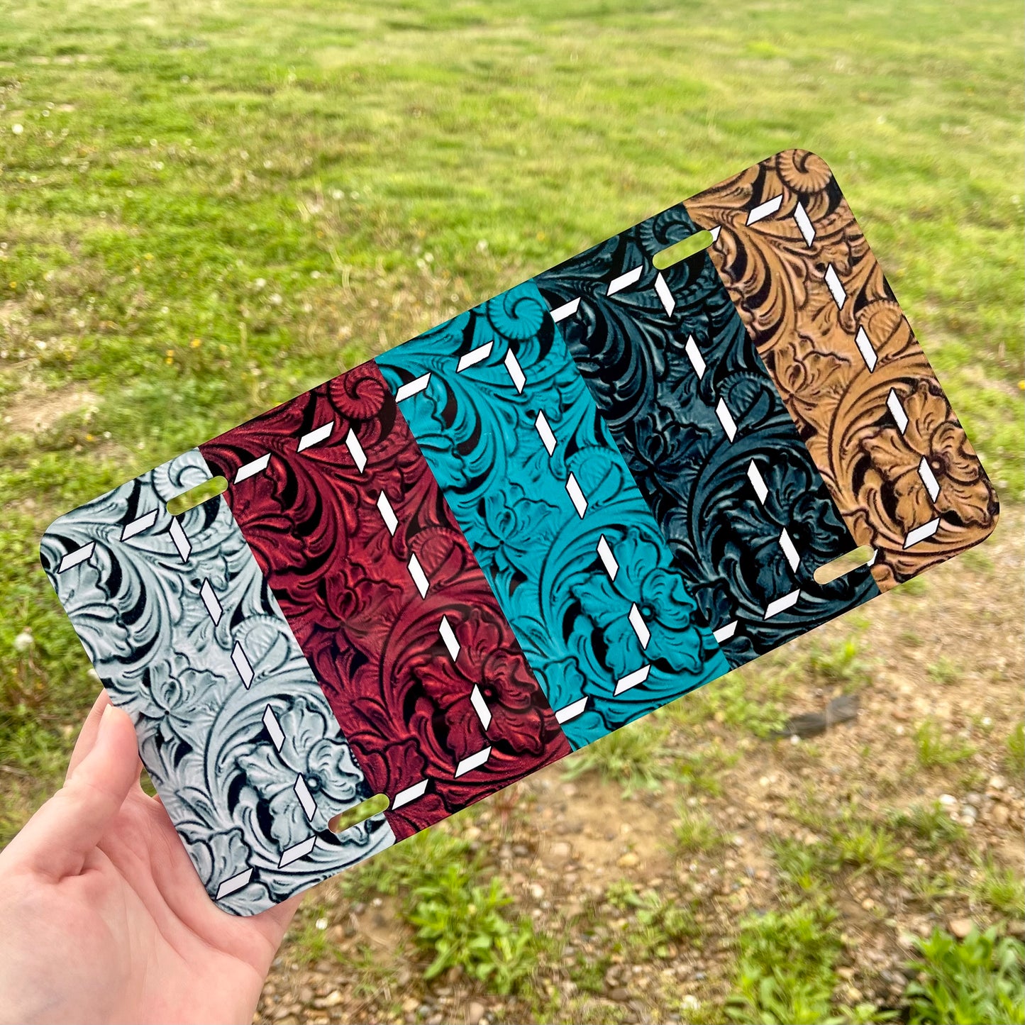 Custom License Plate | Tooled Leather & Buckstitch Printed Design