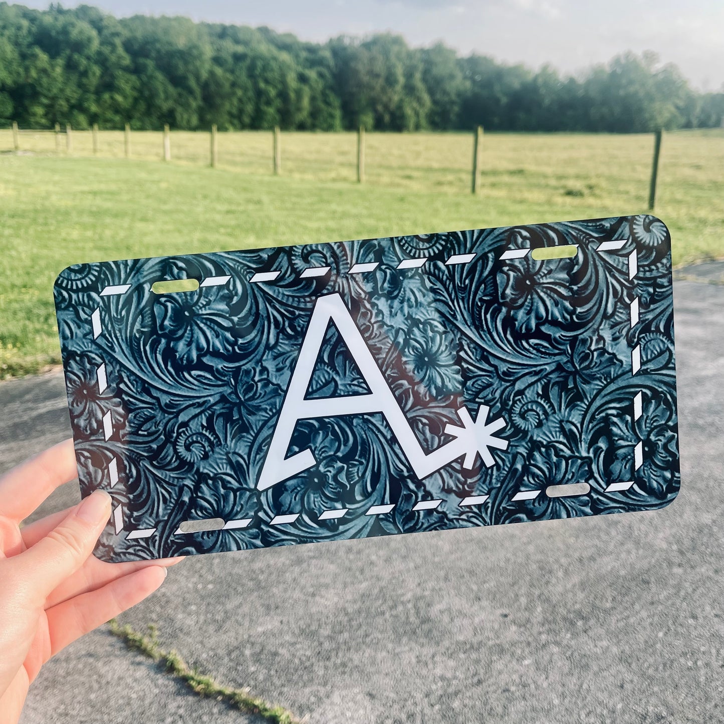 Custom License Plate | Tooled Leather & Buckstitch Printed Design