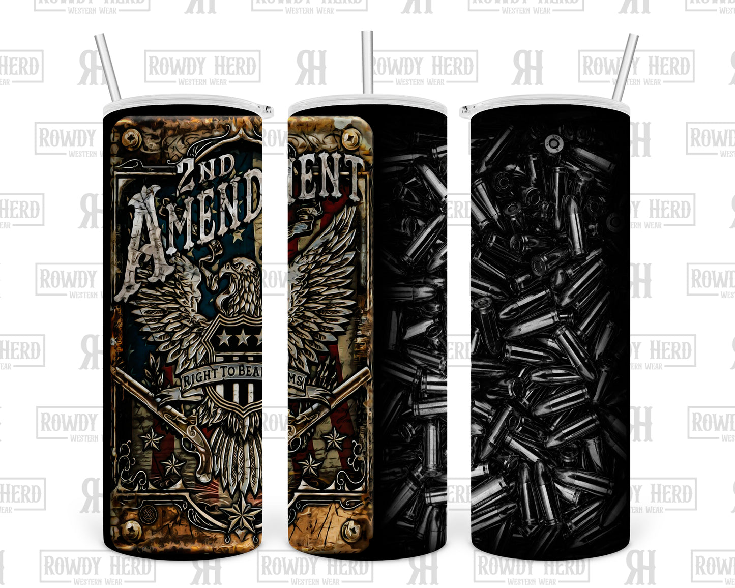 2nd Admendment themed 20 ounce Stainless Steel Tumbler with silver bullets, eagle and flag detailing