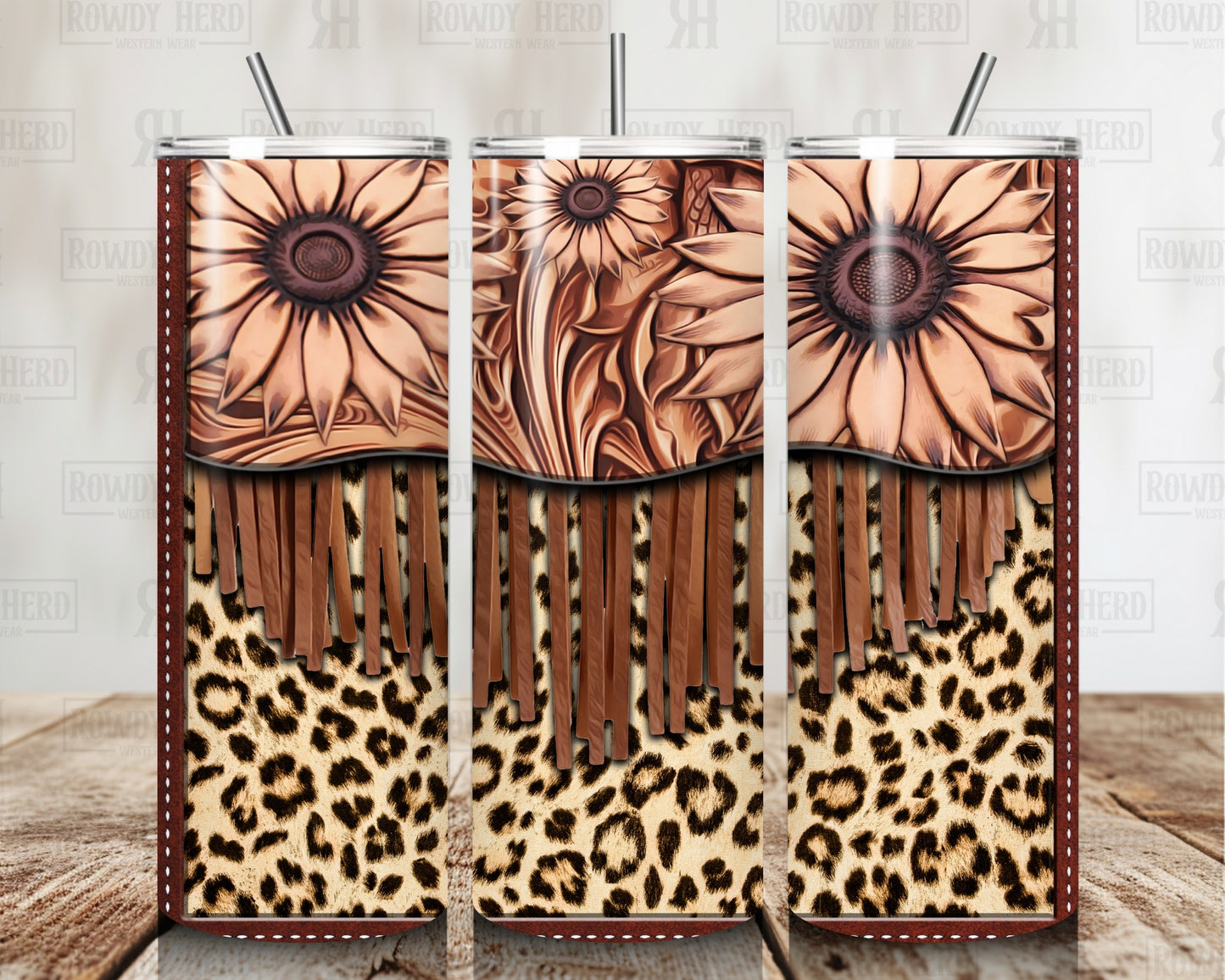 Tooled Leather & Leopard with Fringe Tumbler