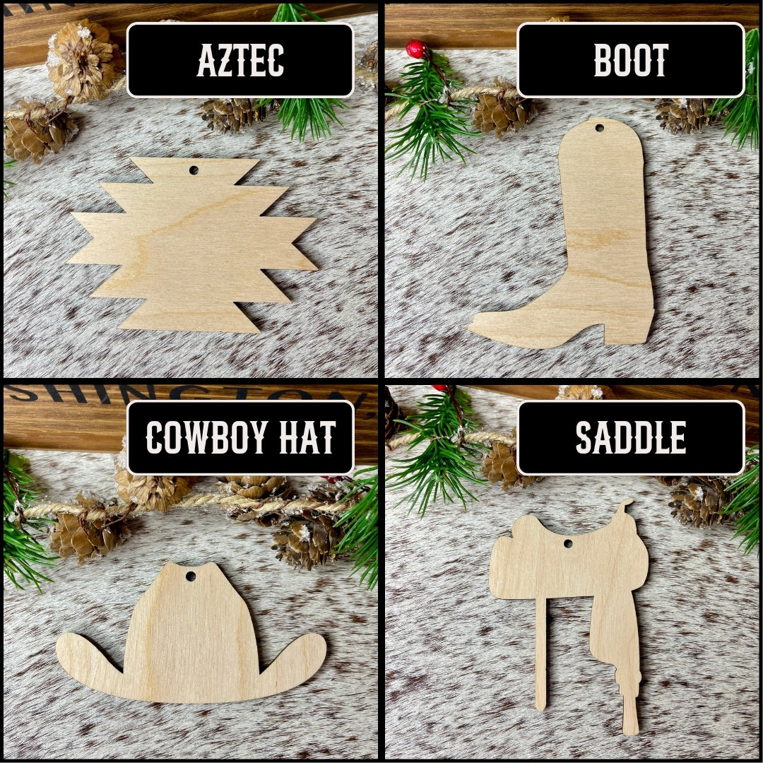 Personalized Cowhide & Wood Ornaments