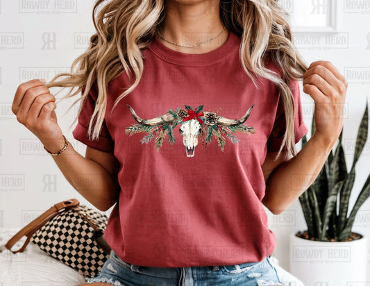 Christmas Longhorn Skull | Comfort Colors Tee, Gildan Sweatshirt or Hoodie
