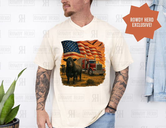 Patriotic Angus Cattle and Peterbuilt Truck | Comfort Colors Tee, Gildan Sweatshirt or Hoodie