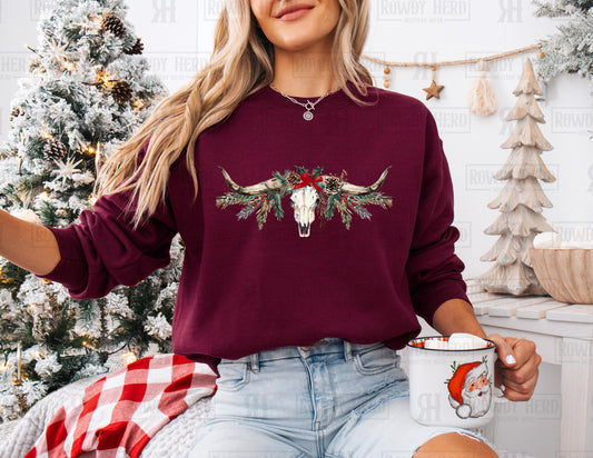 Christmas Longhorn Skull | Comfort Colors Tee, Gildan Sweatshirt or Hoodie