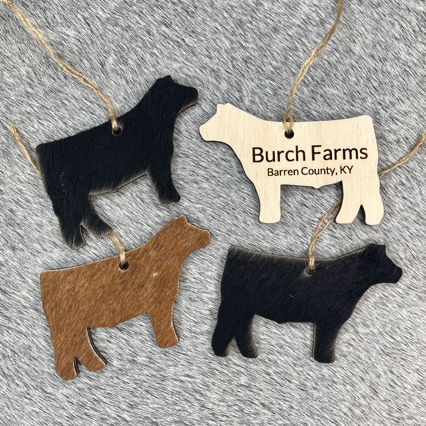 Personalized Cowhide & Wood Ornaments