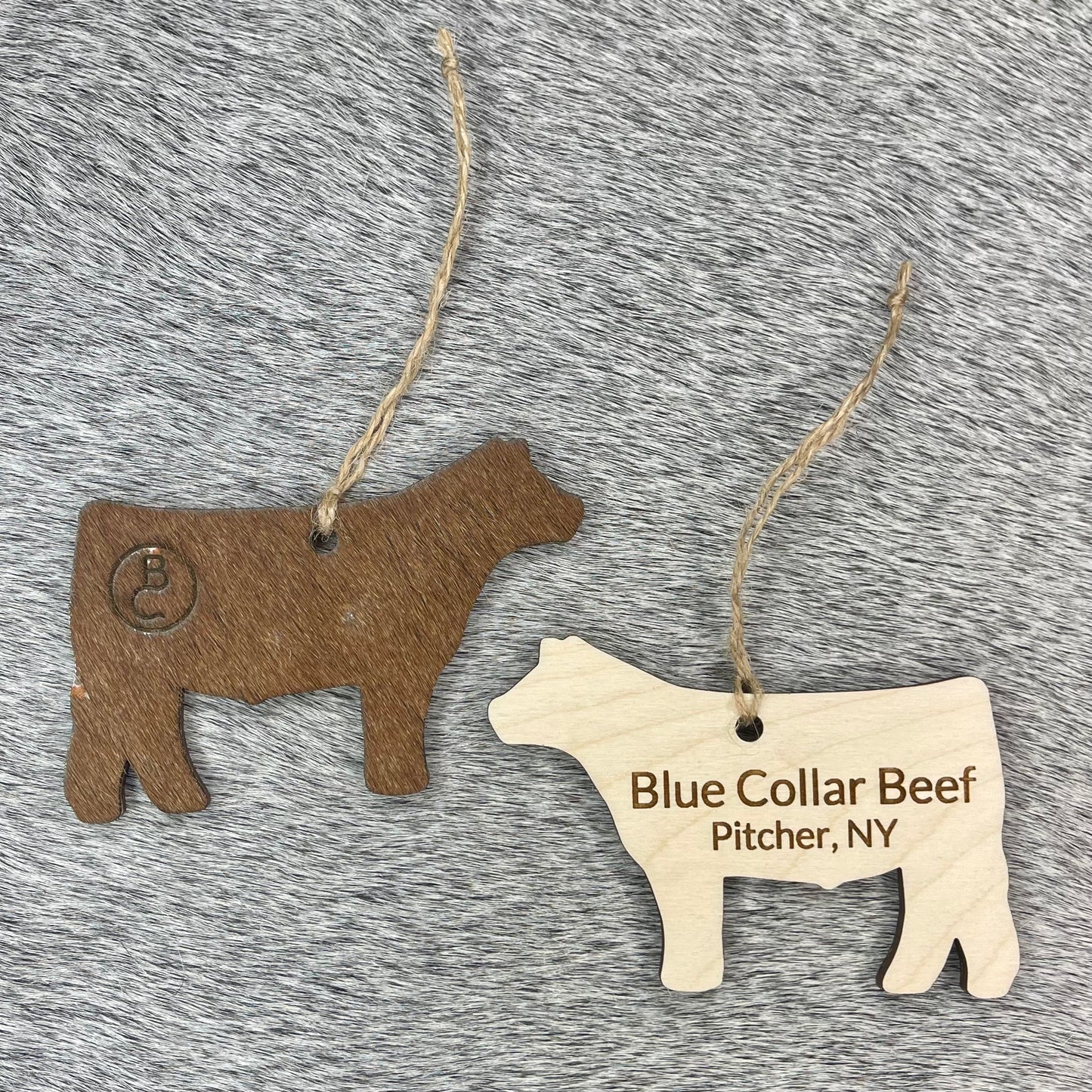 Personalized Cowhide & Wood Ornaments