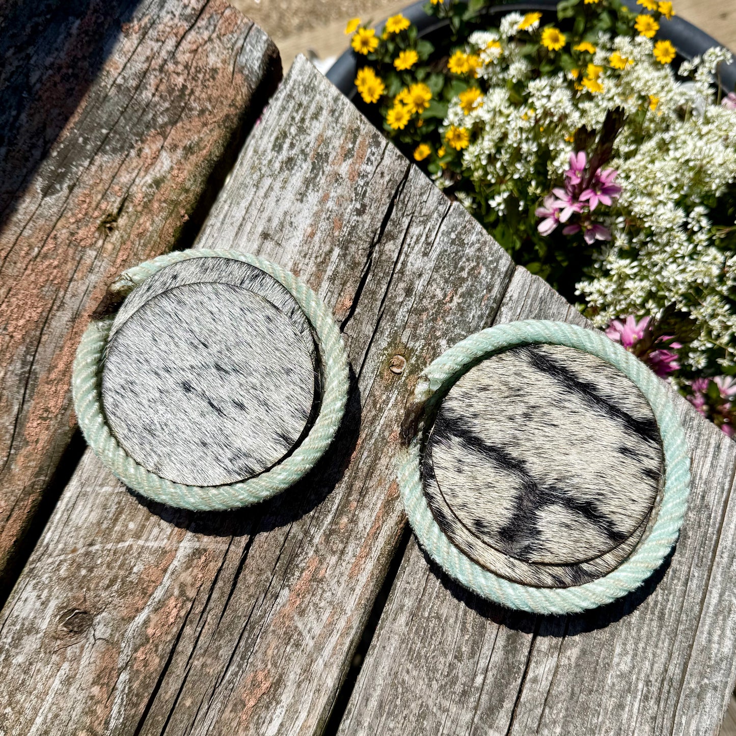 Cowhide Coaster Set with Rope Holder