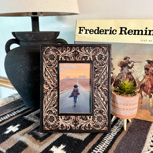 Wyburn Tooled Leather & Cowhide 4x6 Picture Frame