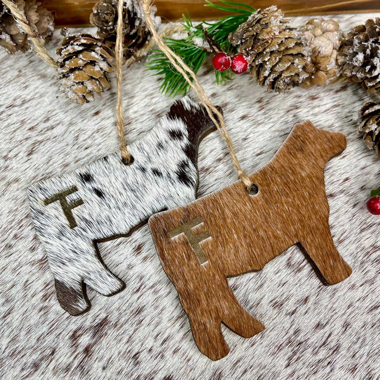 Personalized Cowhide & Wood Ornaments