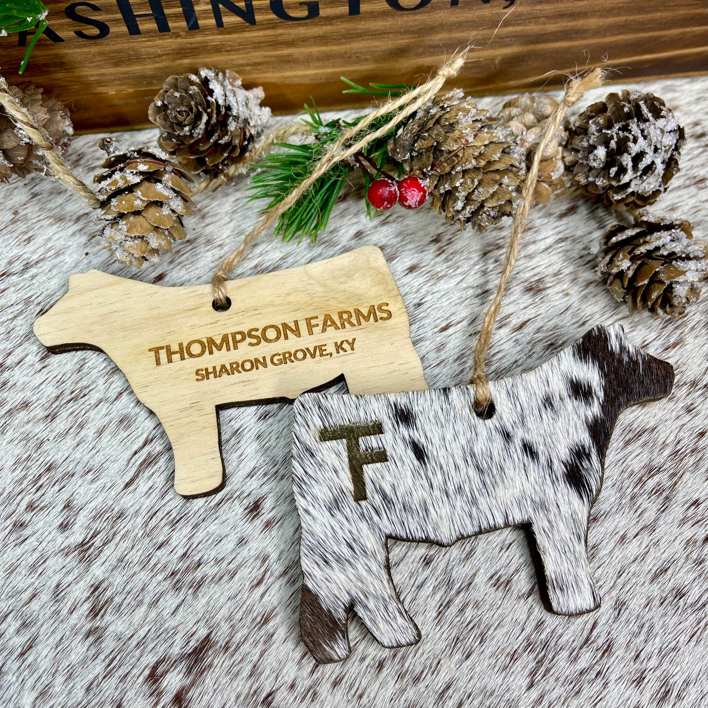 Personalized Cowhide & Wood Ornaments