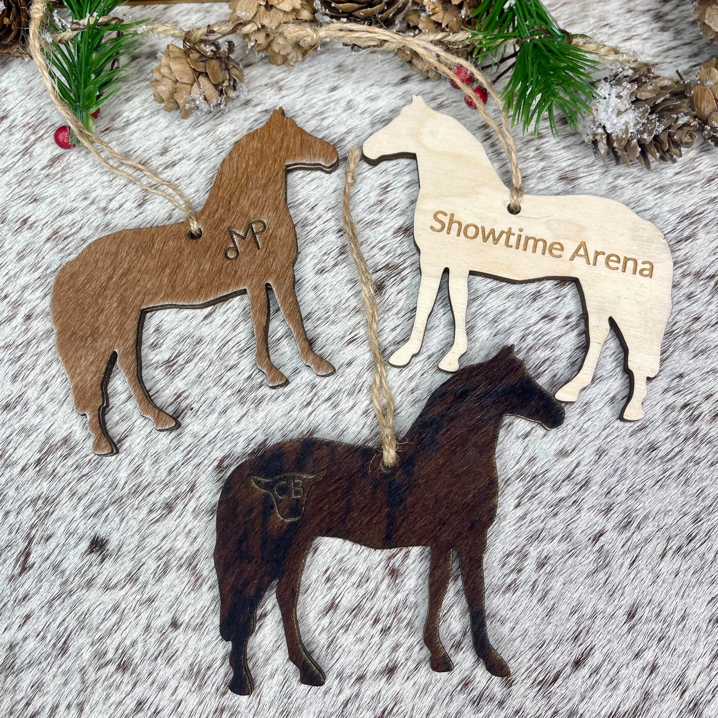 Personalized Cowhide & Wood Ornaments