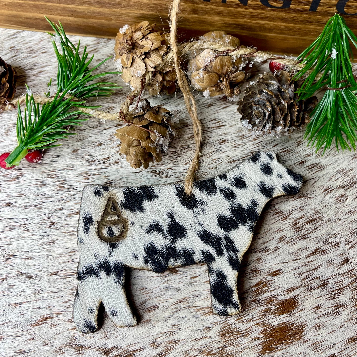 Personalized Cowhide & Wood Ornaments