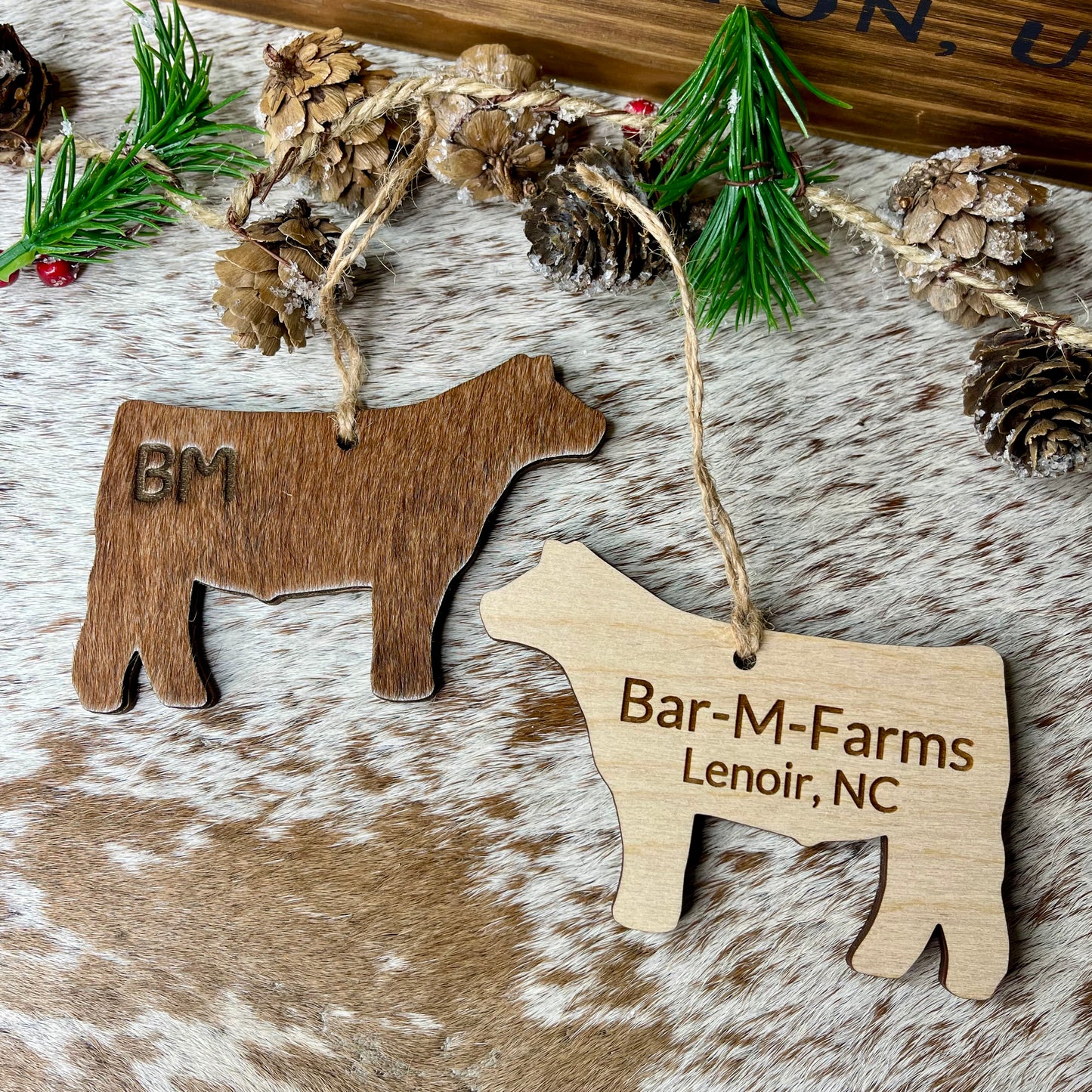 Personalized Cowhide & Wood Ornaments