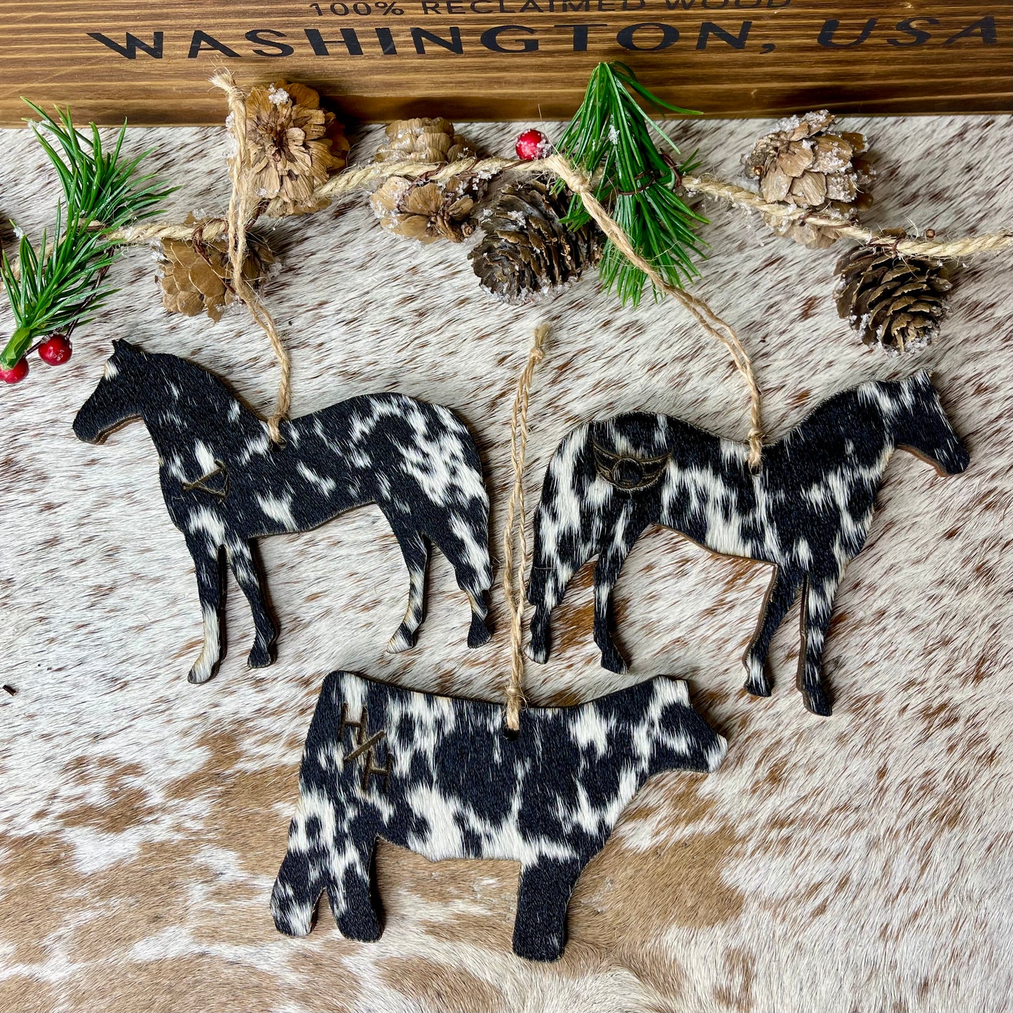 Personalized Cowhide & Wood Ornaments