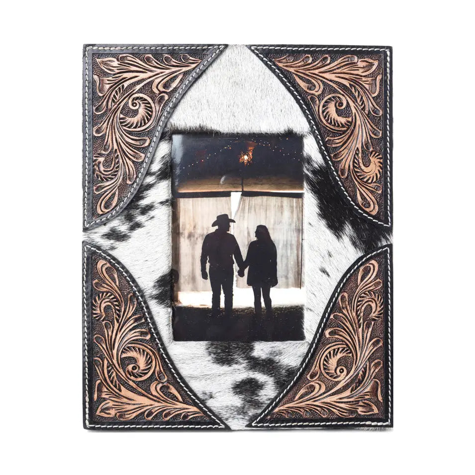 Sequoia Tooled Leather & Cowhide 4x6 Picture Frame